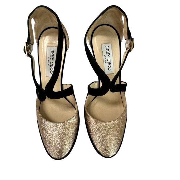 Jimmy Choo Black Suede & Gold Glitter Platform Pumps IT 39.5 US 9.5 - Picture 5 of 10